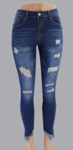 Pantalones vaqueros con flecos irregulares rasgados para mujer, Jeans de moda de fabricante profesional, color azul rota - Product Image 2