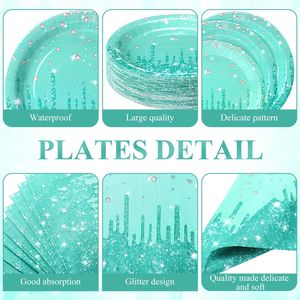 Assiettes en papier jetables, gobelets, serviettes, couverts, ensemble de vaisselle, design diamant pailleté bleu turquoise, fournitures pour mariage, anniversaire, fête, 24 pièces - Product Image 3