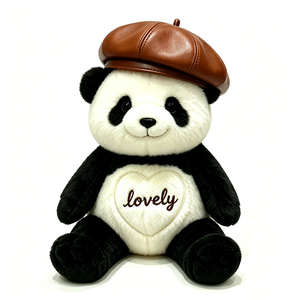 Customized Brown Leather <b>Beret</b> Panda Plush Toy, Vintage <b>Beret</b> Hat Panda Stuffed Animal, Lovely Embroidered Heart Panda Plush - Product Image 1