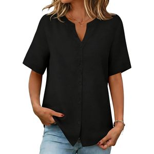เสื้อเชิ้ตผู้หญิงแขนสั้นคอวีผ้าฝ้ายลินินเสื้อลำลองสำหรับทุกวัน - Product Image 1