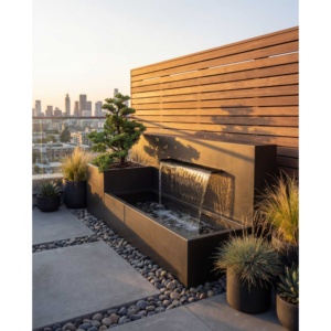 Fuente de agua para jardín de acero inoxidable 316L de 80 x 200 x 70 cm con jardinera lateral para hoteles, villas y decoración exterior. - Product Image 1
