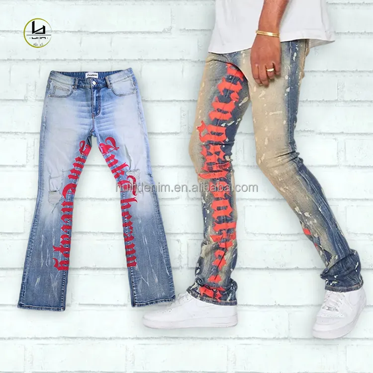 Men's casual blue jeans customized letter printing slim fit denim pants ripped men stacked jeans