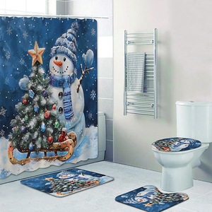 Cortina de Ducha de Poliéster con Diseño de Muñeco de Nieve Azul y Árbol de Navidad, Cortina de Baño con Impresión Digital, Impermeable, Personalizada, Moderna, al por Mayor - Product Image 1