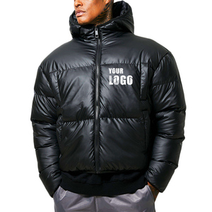Veste matelassée pour homme avec logo personnalisé, finition brillante, noire, courte, style bulle, chaude pour l'hiver, avec capuche, vêtements d'extérieur, fabrication OEM, vente en gros - Product Image 2