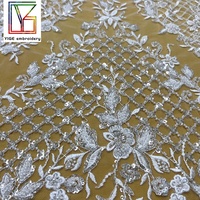 Tissu de luxe français en perles et sequins, broderie blanche, dentelle perlée, tulle pour robes de mariée, tissu en dentelle perlée et sequins