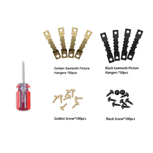 Colgadores de cuadros Golden Sawtooth con tornillos y destornillador, 50 unidades en negro y dorado, 100 unidades cada uno para colgar en la pared - Product Image 1
