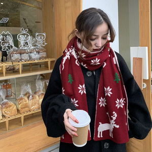 Giáng Sinh Màu Đỏ Dệt Kim Bông Khăn Choàng Khăn Người Phụ Nữ Mùa Đông Ấm Hơn Chiếc Khăn Nai Nai In Bọc Nữ Muffler Món Quà Khăn Choàng Khăn Choàng - Product Image 2