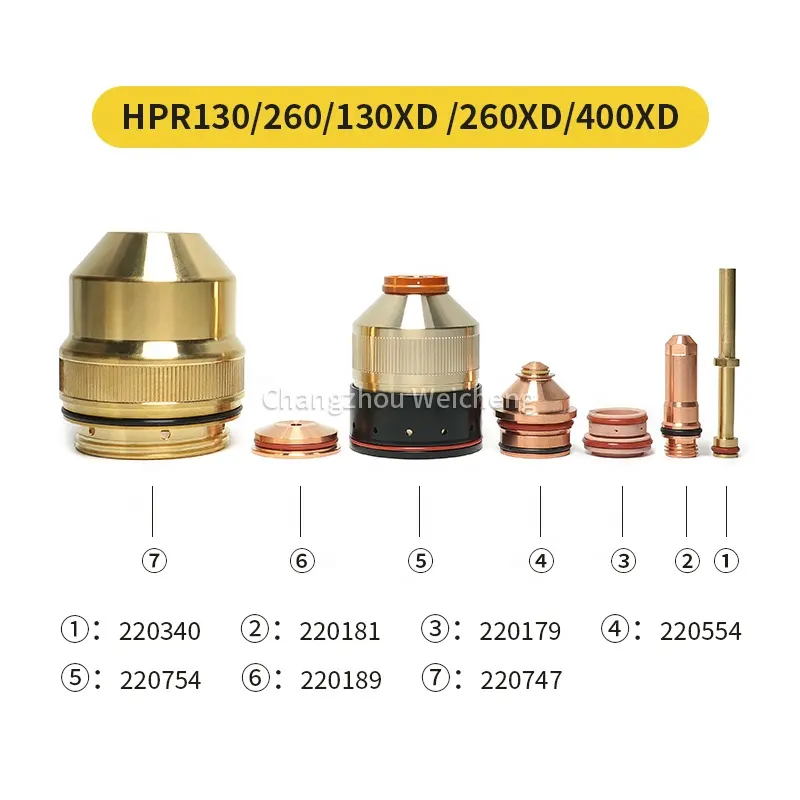 HPR130 260 400 Consumíveis de plasma 220187 220192 220435 220182 220188 220193 220439 220183 220189 220353 220635 220747