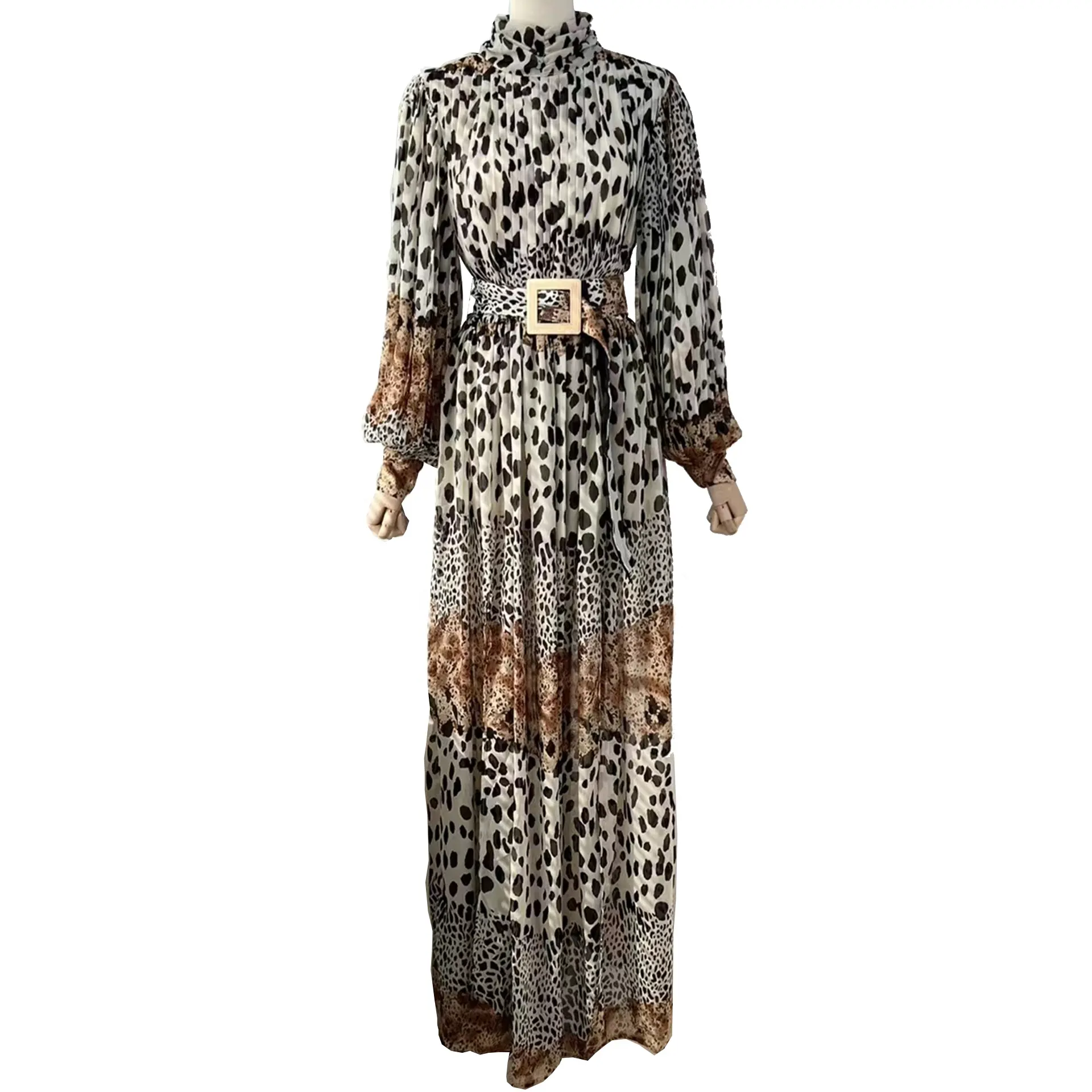 European Clothing Leopard Print Pleated Stand Neck Maxi Dress for Ladies Women