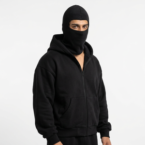 Sudadera con capucha tipo balaclava de algodón personalizada, de peso pesado, con cremallera completa, hombros caídos, estilo ninja, para hombre, al por mayor - Product Image 1