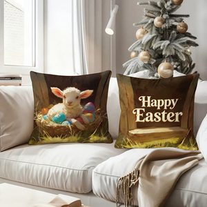 Coussins décoratifs « Hello Bunny Happy Easter » avec des lapins et des agneaux, des œufs colorés dans un décor festif de vacances - Product Image 4