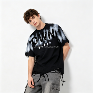 T-shirt noir surdimensionné pour homme, manches courtes, col rond, coton, style streetwear avec imprimé lettres, motif tie-dye, logo sur le devant - Product Image 1