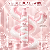 Lotion corporelle rose et blanche à double tourbillon, texture crème bicolore visible, soin hydratant doux et emballage haut de gamme