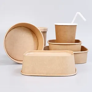 일회용 사각 원형 종이 컵 가열 가능한 크래프트 방수 사용자 정의 인쇄 로고 종이 샐러드 Pe 뚜껑과 포크 그릇