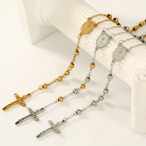 Collier pendentif croix en acier titane doré avec chaîne à perles, bijou de mode pour femme, vente chaude - Product Image 1