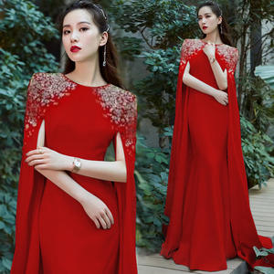 Nuovi <span class=keywords><strong>abiti</strong></span> da sera in raso a sirena bianca con maniche a mantello con perline eleganti <span class=keywords><strong>abiti</strong></span> da teatro da donna - Product Image 2