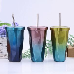 New Travel Straw Reusable Tumbler With <b>Hot</b> and Cold Double Wall <b>Drinking</b> Cups Coffee Mugs 16Oz Irregular Cup With Lid - Product Image 4