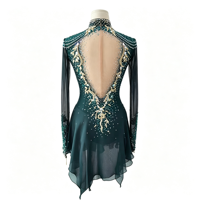 Robe de patinage artistique vert foncé à col montant, manches longues en résille, costume de compétition orné de strass, personnalisable pour enfants, adolescents et adultes, OEM