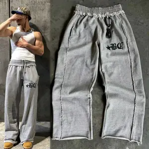 Custom Logo Vintage Heavyweight Cotton French Terry Oversized Raw Hem Flare Distressed Trousers Baggy Track Sweatpants For Men