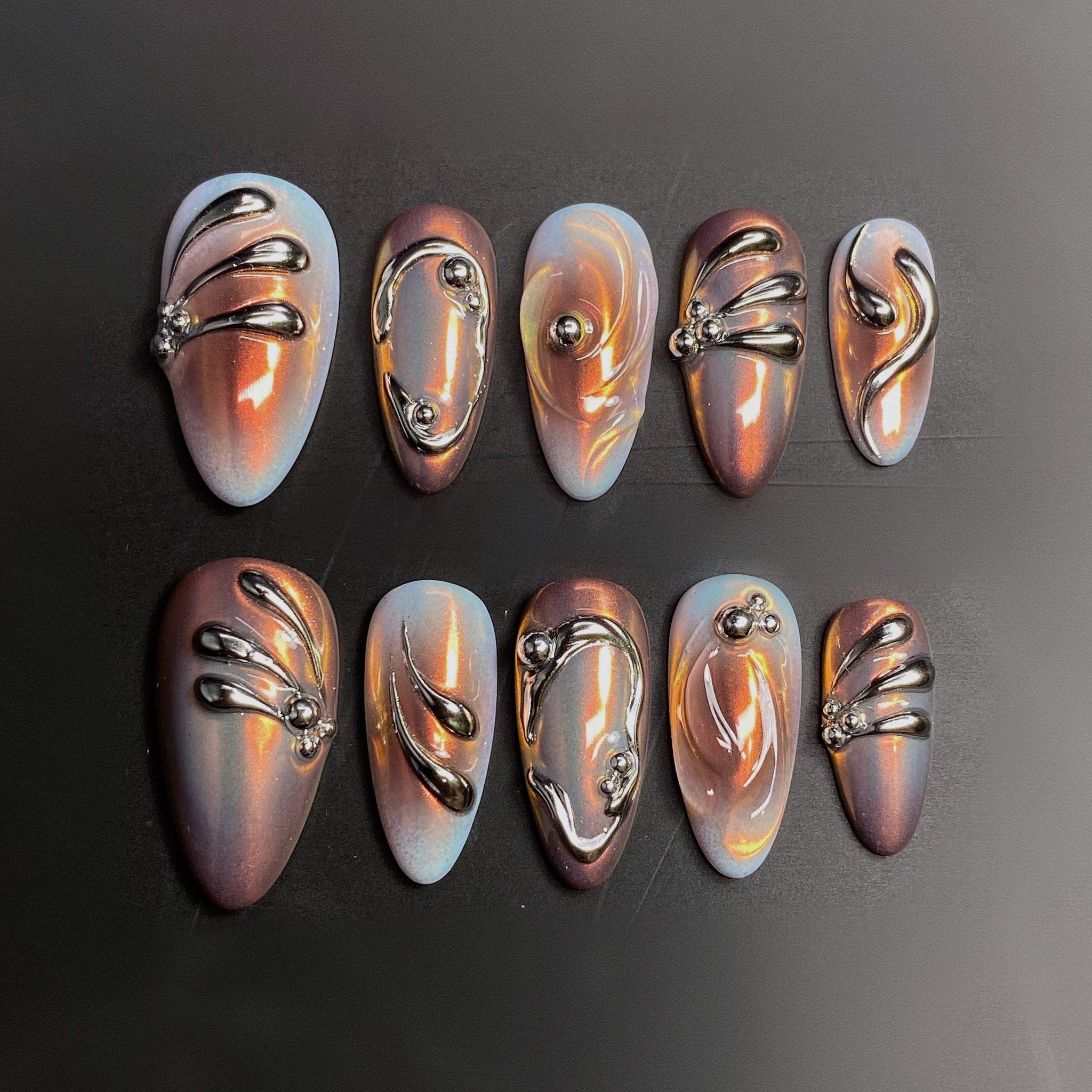 3D High Quality 10pcs Summer Ocean Style Wholesale Almond Stiletto Luxury Handmade Press on Nails Supplier
