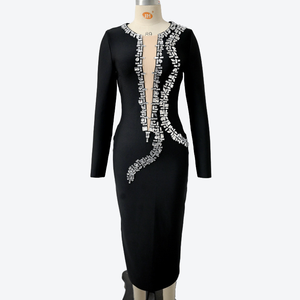 Abito Midi Aderente <span class=keywords><strong>Nero</strong></span> con Strass, Pannello in Rete Trasparente e <span class=keywords><strong>Maniche</strong></span> <span class=keywords><strong>Lunghe</strong></span> per Cocktail Party e Boutique - Product Image 6