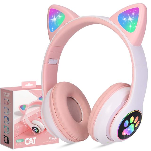 Bluetooth Cat Ear Headphones Wireless Foldable Over Ear Gaming Headset with LED Light Microphone