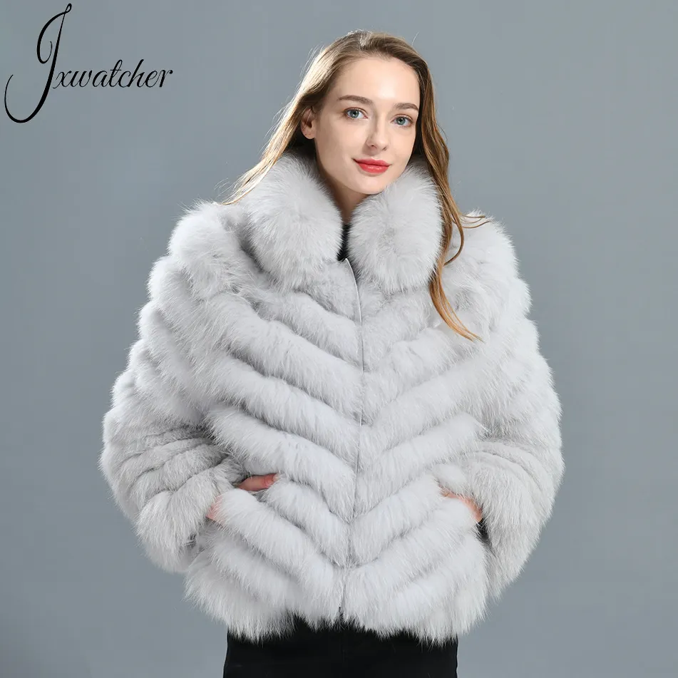 Wholesale Double-sided Wear Anti-shrink Removable Collar Women Silk Fabric Reversible Jackets Winter Real Fox Fur Short Coat
