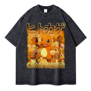 T-shirt da uomo personalizzata con stampa DTG, nera, 280g, 100% cotone, lavaggio acido, grafica vintage Pokemon, Charmander, <span class=keywords><strong>Pikachu</strong></span>, Mewtwo, anime. - Product Image 1