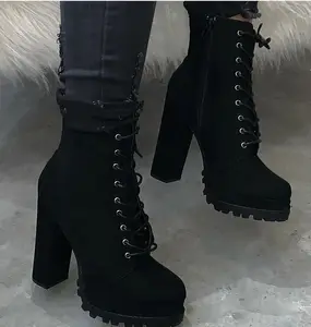 Fashion Anti-slippery Classic Lace Up Ankle Combat Boot Women Black Boots Shoes