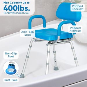 Chaise de douche pliable réglable en alliage d'aluminium avec siège et dossier rembourrés pour la sécurité dans la salle de bain, bleu - Product Image 1