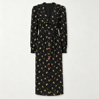 Robe longue maxi personnalisée OEM pour femme, style vintage doux, col Claudine, manches longues bouffantes, en mousseline de soie avec dentelle florale imprimée à l'effet métallisé