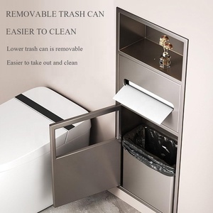 Poubelle <span class=keywords><strong>de</strong></span> salle <span class=keywords><strong>de</strong></span> bain encastrée murale moderne à 3 niveaux en acier inoxydable noir mat durable, avec <span class=keywords><strong>niche</strong></span> carrée pour papier toilette - Product Image 4