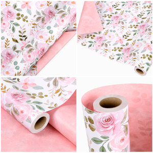 Papel de Regalo con Patrón Botánico de Rosas en Rosa Pastel Suave, Reciclable, para el Día de la Madre, Bodas, Regalos Nupciales, Venta al Por Mayor - Product Image 4