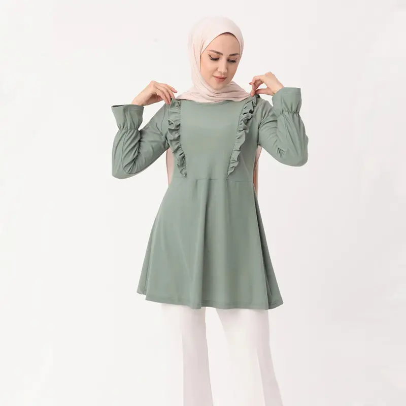 Malaysia turkey women pleated muslim blouse elegant long sleeve crew neck tunic shirts tops blouse
