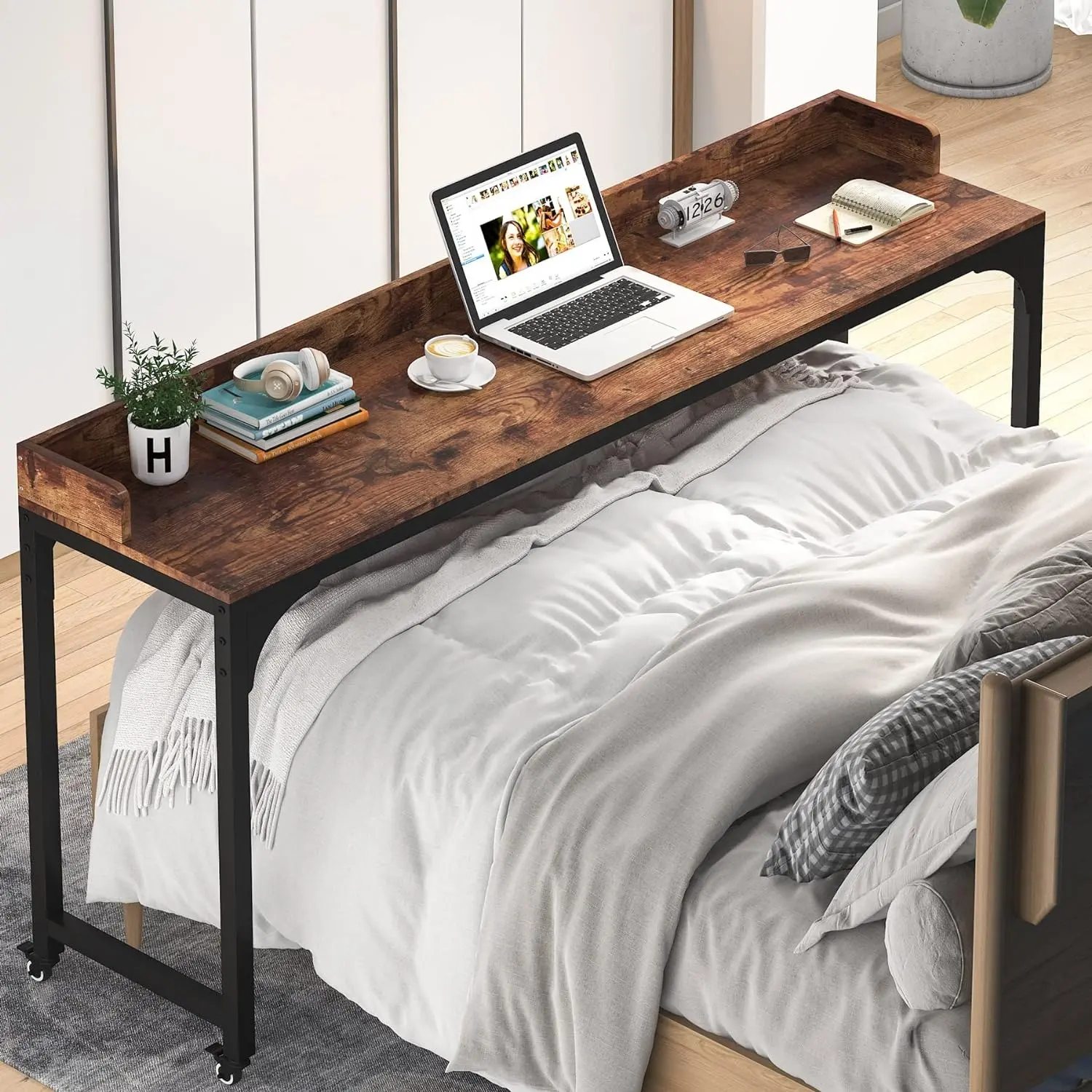 Overbed Table with Wheels Queen Size Mobile Computer Desk Standing Workstation Laptop Cart Over Bed Table with Heavy Duty