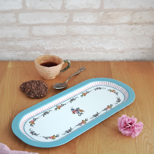 Kontensan Vintage Flora Elegant Blue & Pink Striped Design 160x350 mm Rectangular Metal Serving <b>Tea</b> <b>Tray</b> Oval Pattern Turkey - Product Image 3