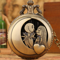 Pendentif Jack et Sally en métal Stempunk bronze vintage antique avec montre de poche et chaîne à mouvement à quartz