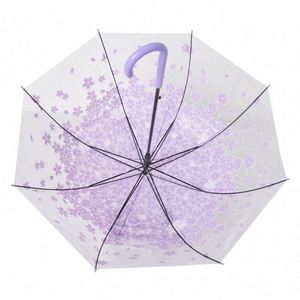 Parapluie de pluie personnalisé pour femme à long manche, transparent, avec dôme imprimé motif fleurs de cerisier, champignons et sakura, style princesse élégant - Product Image 2