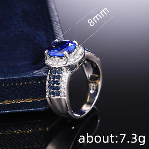 Anello da Donna F379 in Argento 925 con Diamante Taglio Ovale, Zaffiro Blu e Pietre Laterali, Anello di Fidanzamento - Product Image 5