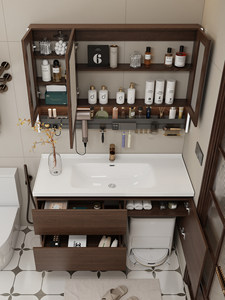 Vintage ceramic integrated basin intelligent lighting <b>mirror</b> <b>walnut</b> wall mounted bathroom cabinet - Product Image 5