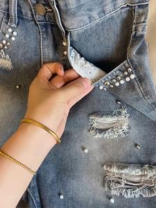 กางเกงยีนส์ขาสั้นทรงเอเอวกลางสำหรับผู้หญิงแฟชั่นใหม่ประจำฤดูใบไม้ผลิ/ฤดูร้อน ประดับด้วยลูกปัดอย่างสวยงาม สไตล์ลำลอง Y2K - Product Image 4