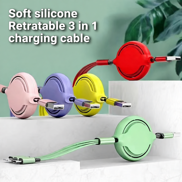 Taipuxi Portable 3-in-1 Retractable Usb Phone Charging Charger Cable Round 3 in 1 Usb Cable Liquid Silicone for Travel Gift