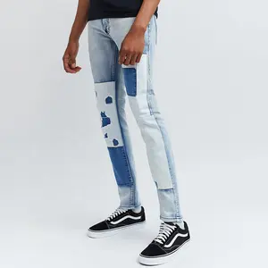 Tùy Chỉnh Thiết Kế Đường Phố Mặc Hip Hop Người Đàn Ông Của Jeans Chắp Vá Denim Jeans Mỏng Phù Hợp Với Người Đàn Ông Của Quần Jeans Quần