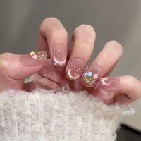 Faux ongles faits main à presser en plastique ABS, style français nude avec strass, forme amande, motif cœur, ensemble complet pour doigts