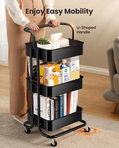 White Foldable Kitchen Bathroom Living Room 3-Tier Metal <b>Rolling</b> Storage Utility <b>Cart</b> with Wheels & Hanging Cups & Hooks - Product Image 1