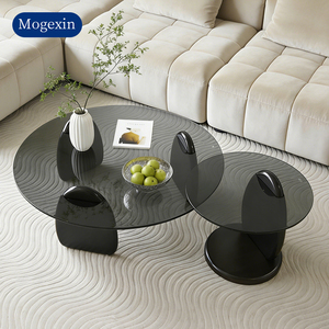 Mesa de Centro Moderna de Estilo Nórdico Simple con Tapa Circular de Vidrio y Marco de Madera para Sala de Estar, de Baja Altura y Fácil Montaje - Product Image 1