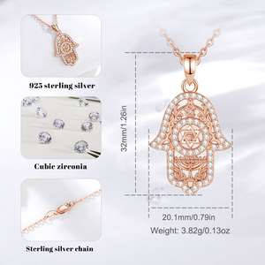 Changda Rose Gold 925 Sterling Silver <span class=keywords><strong>David</strong></span> of Star <span class=keywords><strong>Hamsa</strong></span> Lucky Praying Hands Shaped of Fatima Hand Pendant Necklace - Product Image 6