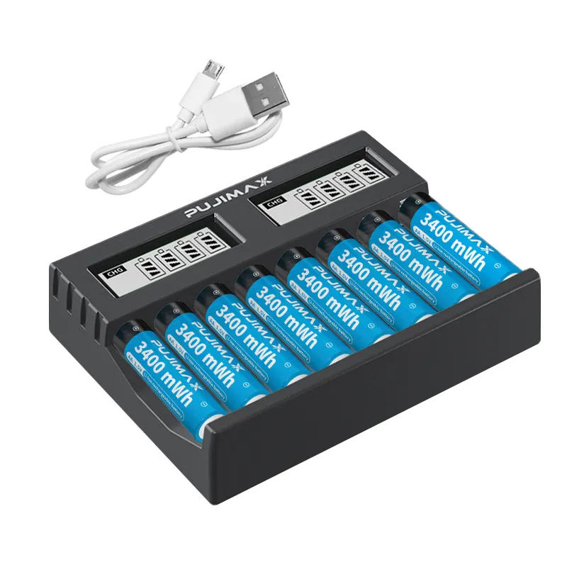 PUJIMAX smart 1.5v lithium ion battery charger aa aaa rechargeable battery charger 8 slots 1.5v aa aaa li-ion battery charger