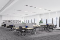 Poste de travail de bureau assis-debout pour 4 personnes, configuration dos à dos, avec pieds à hauteur réglable électriquement