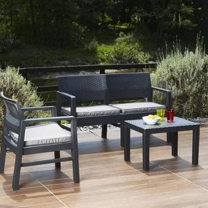 Set Lounge da Esterno 4 Posti in Polipropilene Antracite, Divano, 2 Poltrone, Tavolino da Caffè con Cuscini, Arredamento da Giardino - Product Image 6